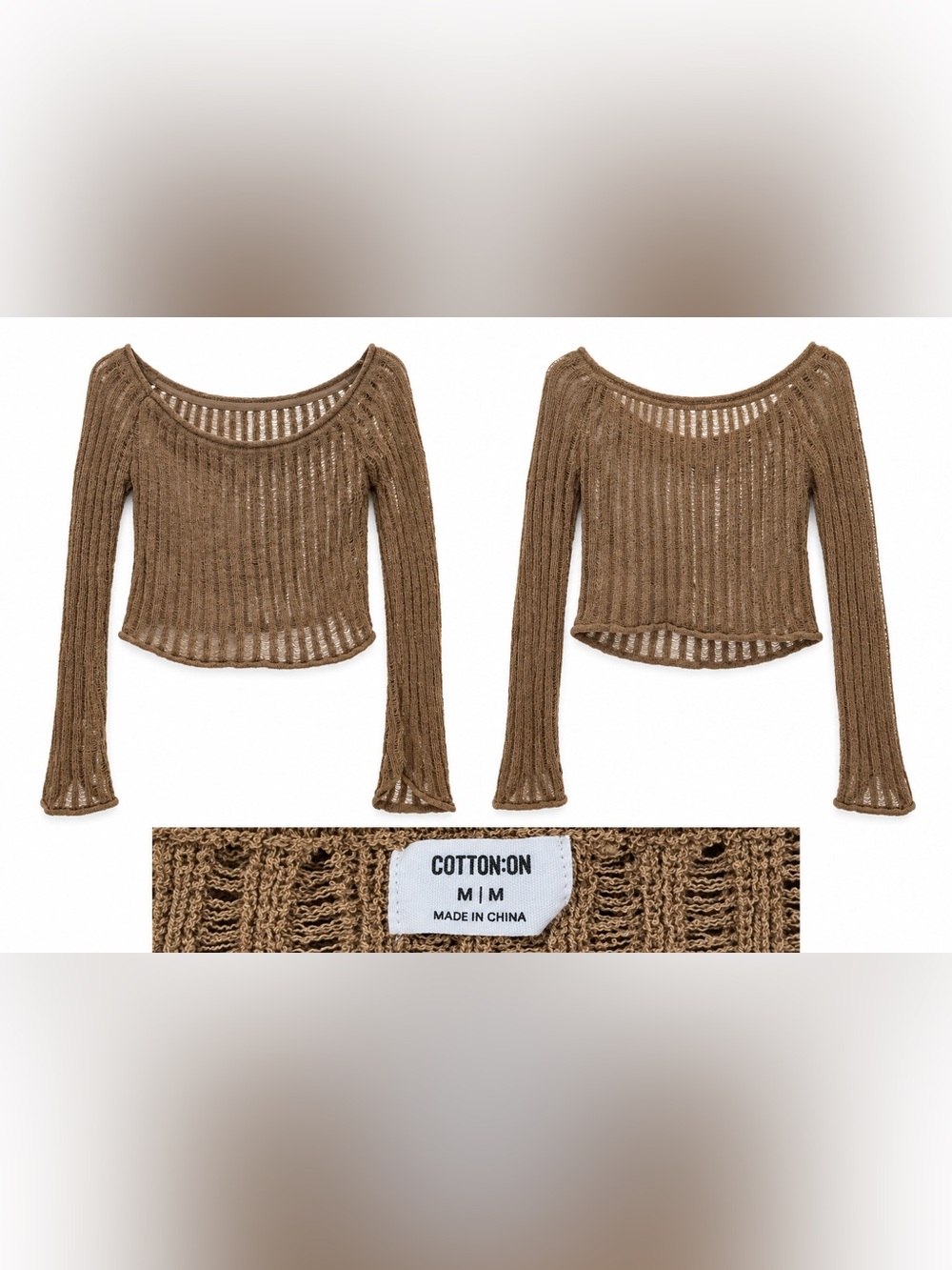 Cotton On Open-Knit Off-the-Shoulder Brown Sweater